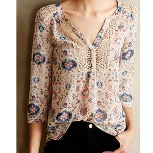 🟢 Anthropologie Maeve Floral Paisley 3/4 Sleeve Top Sz 0
